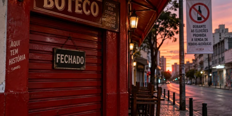 Boteco fechado representando a restrição de bebidas alcoólicas nas Eleições 2026.